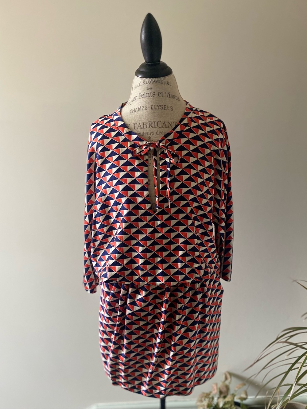 Gant Chic Preppy Luxe Silk blend Navy, Red & Cream Geometric Print Midi Dress